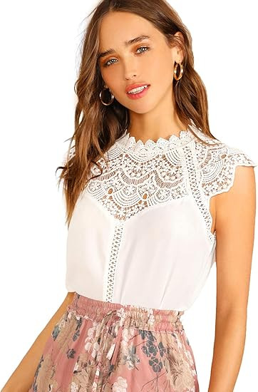 SheIn Women's Elegant Cap Sleeve Keyhole Contrast Lace Blouses Tops | Amazon (US)