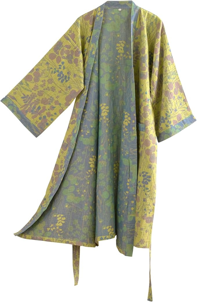 100% Cotton Gauze Ginkgo Leaf Kimono Robe, Long Knit Loose Bathrobe Nightgown Ladies Loungewear S... | Amazon (US)