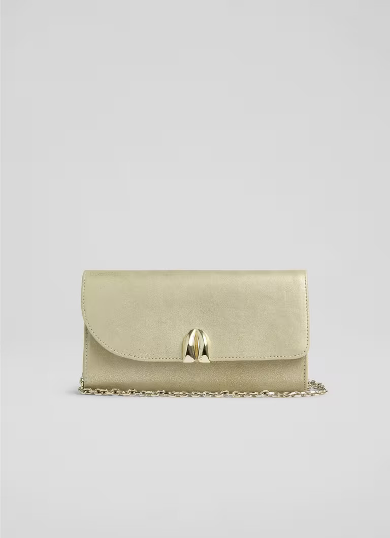Florence Soft Gold Suede Curve Flap Clutch Bag | L.K. Bennett (UK)