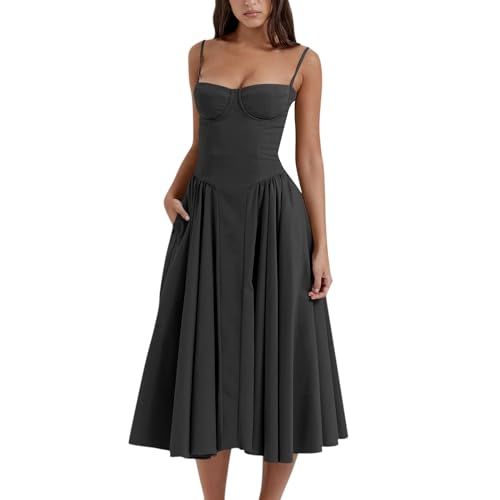 Womens Corset Dress Elegant Spaghetti Strap Bustier Midi Dress Flowy Pleated Hem Low Cut Prom Dre... | Amazon (US)