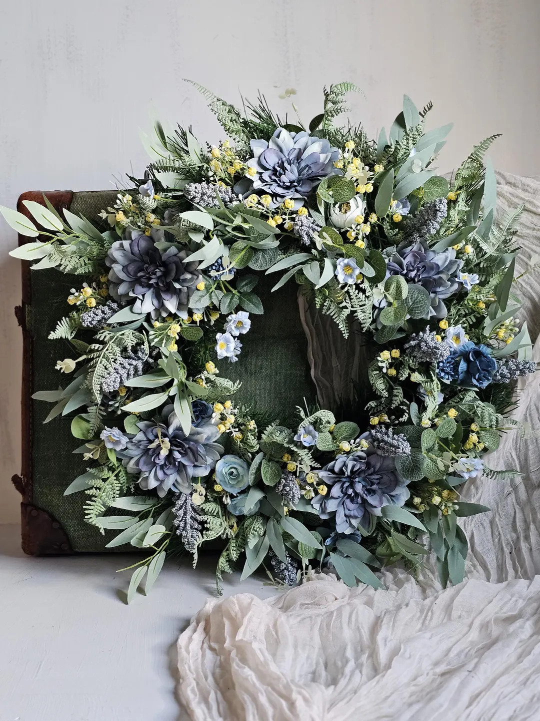 Artificial All Season Door Wreath,55cm Greenery Wreath,blue Dahlia Decor,green Eucalyptus Roses L... | Etsy (US)