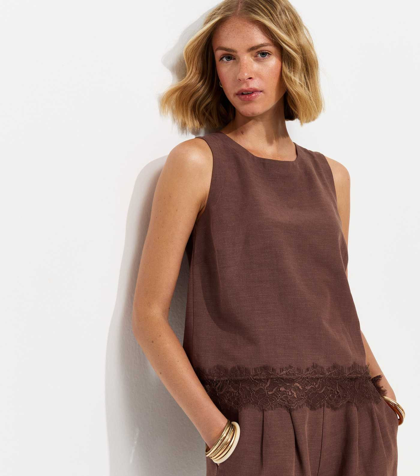 Dark Brown With Cotton Lace Hem Sleeveless Top | New Look | New Look (UK)