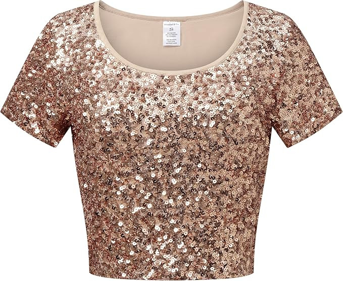 OThread & Co. Women's Glitter Sequin Short Sleeve Crop Top Night Out Party Shirts | Amazon (US)