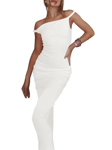 Wenrine Womens Off The Shoulder Dress Sexy Bodycon Twist Strap Party Club Knit Maxi Dresses White | Amazon (US)