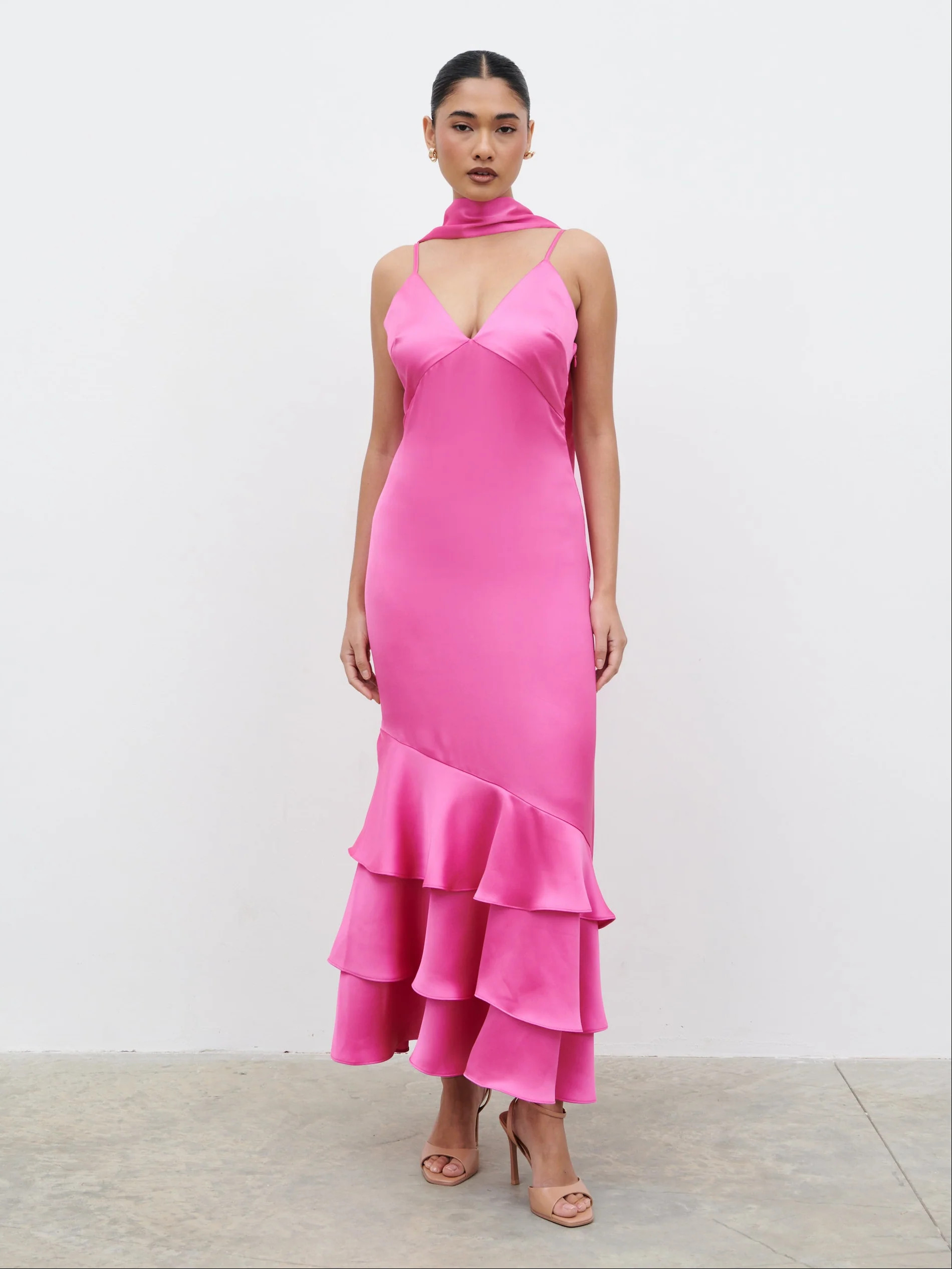Serita V Neck Tiered Maxi Dress - Fuchsia Satin | Pretty Lavish (UK)