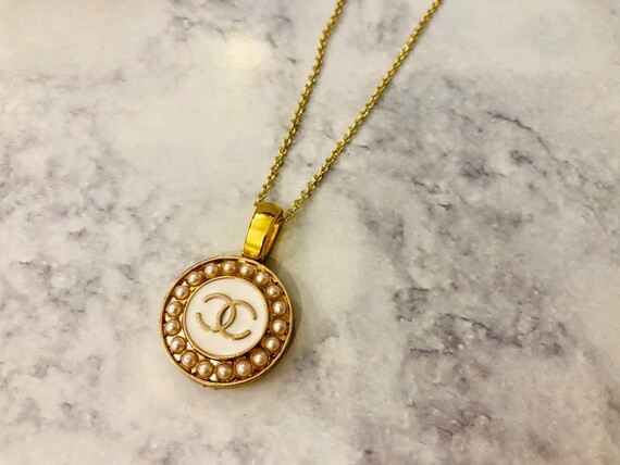 Chanel Upcycled Button Pendant Necklace- White, Gold, & Pearl | Etsy (US)