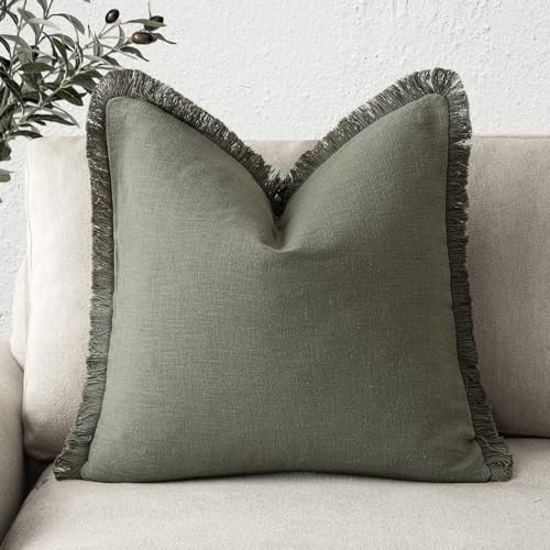 Foindtower Decorative Linen Fringe Throw Pillow Covers Cozy Boho Farmhouse Cushion Cover with Tassel Soft Accent Pillowcase for Chair Sofa Bed Living Room Home Decor, 20×20 Inch, 1PC, Olive Green | Amazon (US)