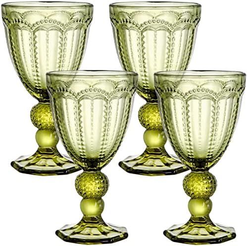 Elsjoy Set of 4 Wine Glass Goblet Beverage Stem Cup, 8.5 Ounce Vintage Green Glass Goblet Embossed D | Amazon (US)