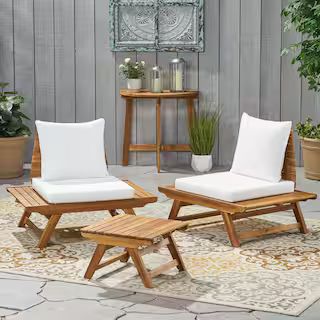 Noble House Kaiya Teak Brown 3-Piece Wood Patio Conversation Set with White Cushions 68505 - The ... | The Home Depot