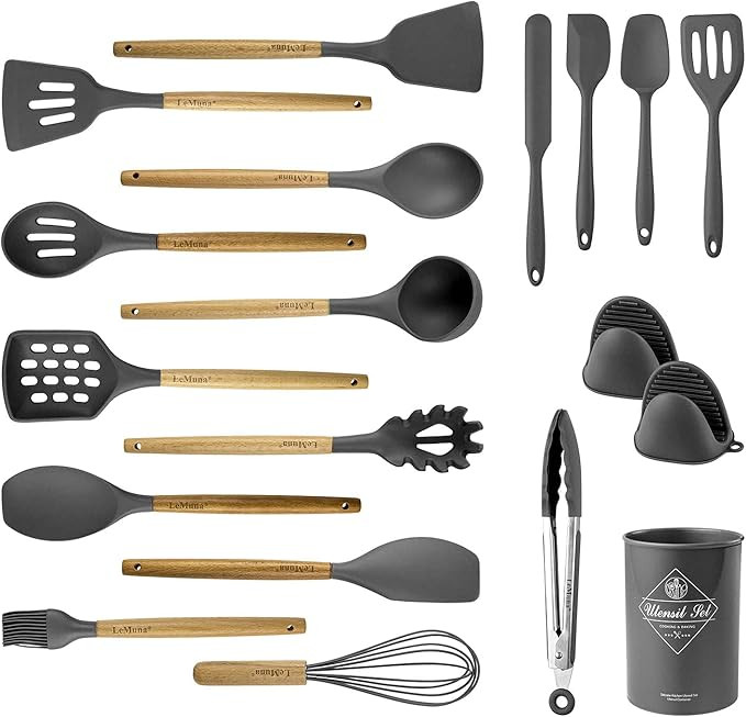 LeMuna 18pcs Silicone Cooking Utensils Set, Kitchen Utensils Set with Holder, Wooden Handle Silic... | Amazon (US)