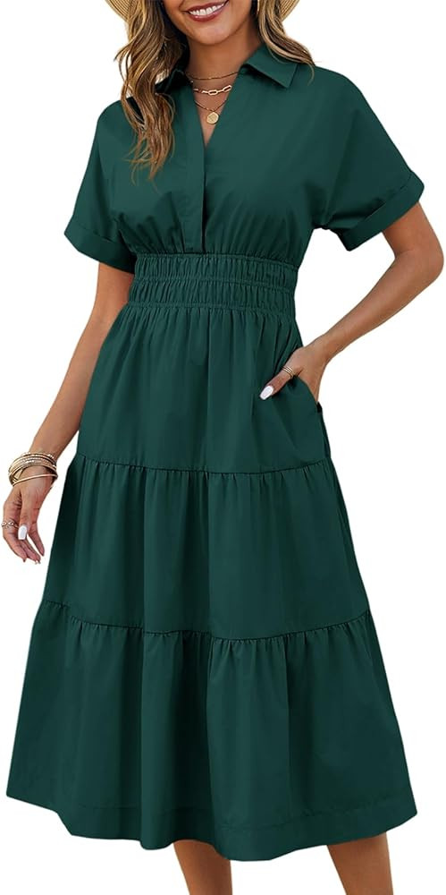 Wenrine Womens Summer Short Sleeve Maxi Dresses Casual V Neck Smocked Loose Tiered Flowy Shirt Dr... | Amazon (US)
