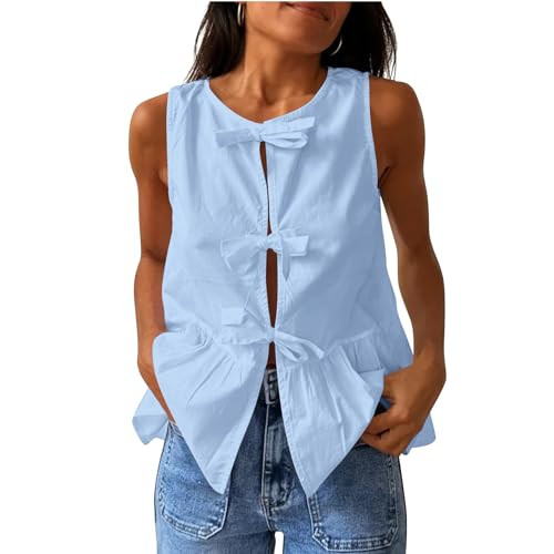 Women Tie Front Peplum Tank Tops Y2k Coquette Babydoll Shirt Sleeveless Blouse Summer Going Out Vest Top (US, Alpha, Medium, Regular, Regular, Blue) | Amazon (US)