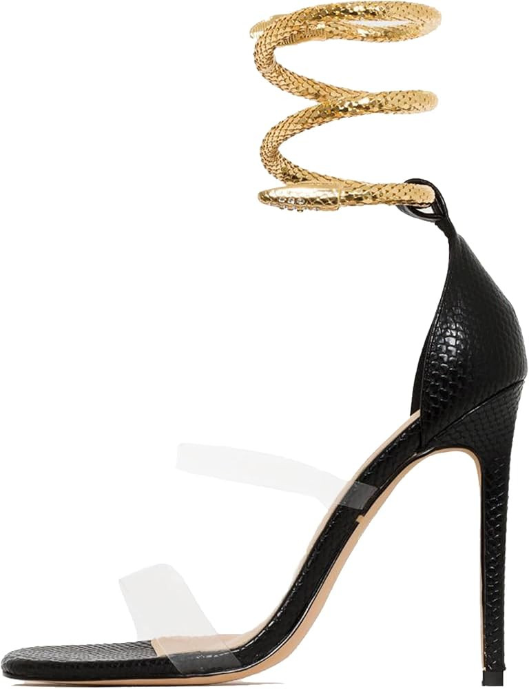 PORYS Womens Snake Shape Lace Up Heels Crystal Ankle Strappy Stiletto Heeled Sandals Open Toe Dou... | Amazon (US)