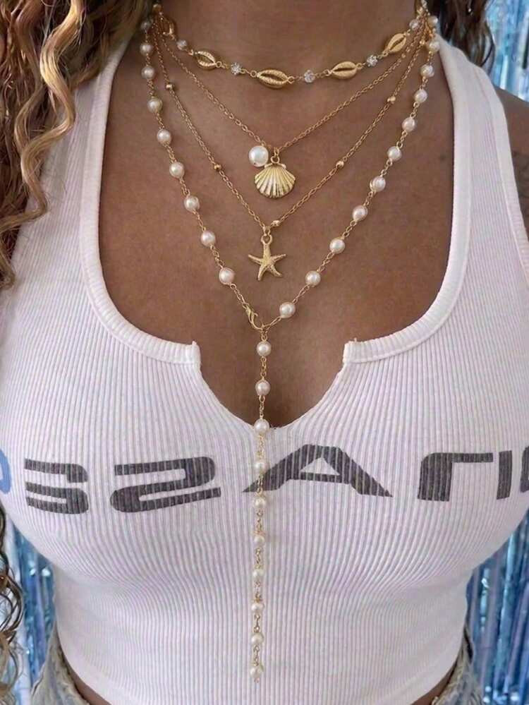 3pcs Multi-Layer Vintage Bohemian Style Metal Pearl Starfish Pendant Tassel Necklace Set Y-Shaped... | SHEIN