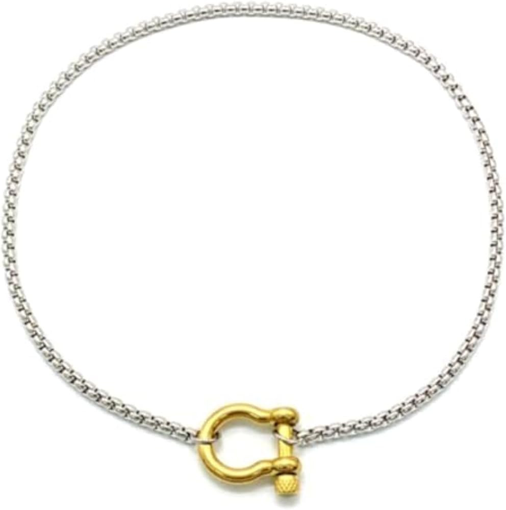 18K Gold Plated Buckle Necklace with Heavy Screw Anchor Shackle Wheat Chain Two Tone Carabiner 17... | Amazon (US)