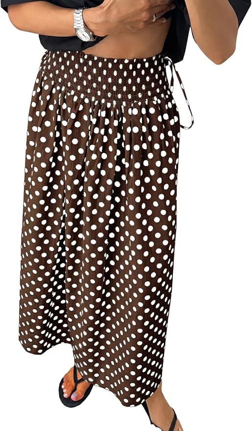 Tankaneo Womens Polka Dot Maxi Skirts Boho Smocked High Waisted Tie Skirt Casual Beach Vacation D... | Amazon (US)