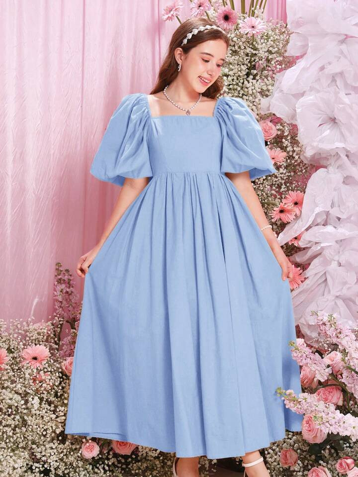 SHEIN Teen Girl's Woven Solid Color Square Neck Exaggerated Bubble Short Sleeve Casual Dress | SHEIN