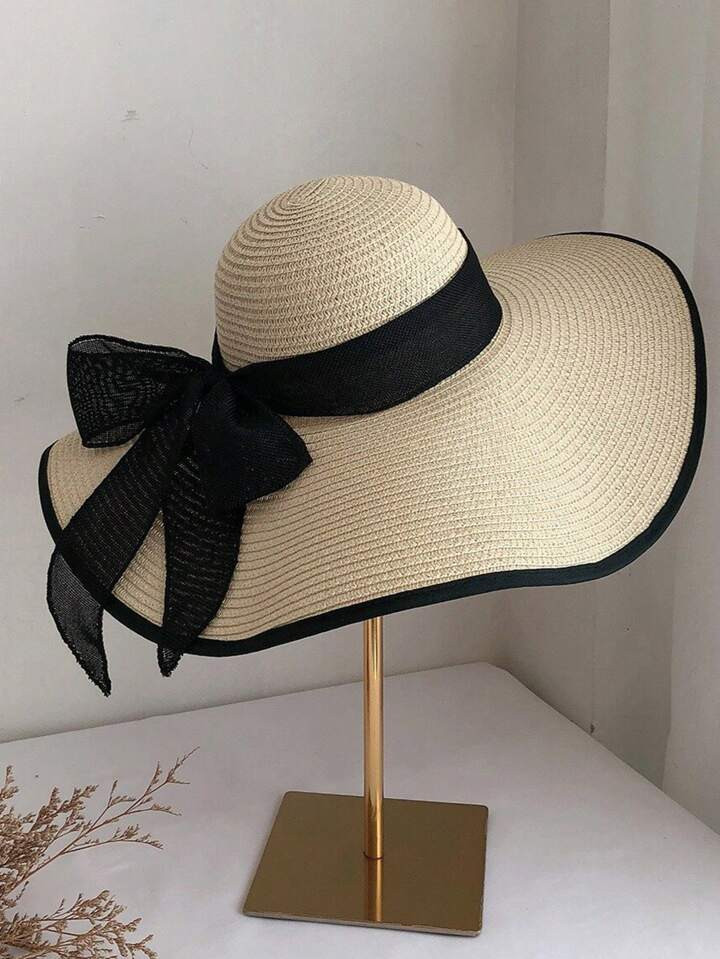 1pc Women's Oversize Brim Straw Hat Women's Summer Sun Block Big Brim Hat Seaside Bow Beach Hat S... | SHEIN