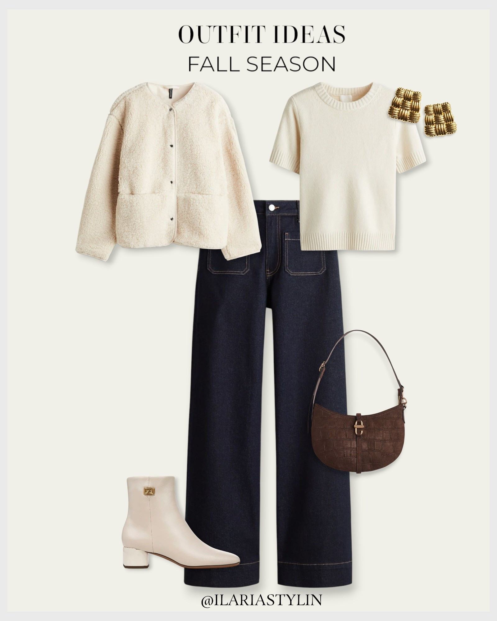OUTFIT IDEAS: Fall Season 🍂 autumn outfit, fall outfit, cream jacket, teddy fleece jacket, cream sweater, short-sleeved sweater, dark blue jeans, wide leg jeans, cream boots, ankle boots, heeled boots, brown bag, croc-effect bag, shoulder bag, casual outfit, casual chic outfit

#LTKSeasonal #LTKStyleTip #LTKWorkwear