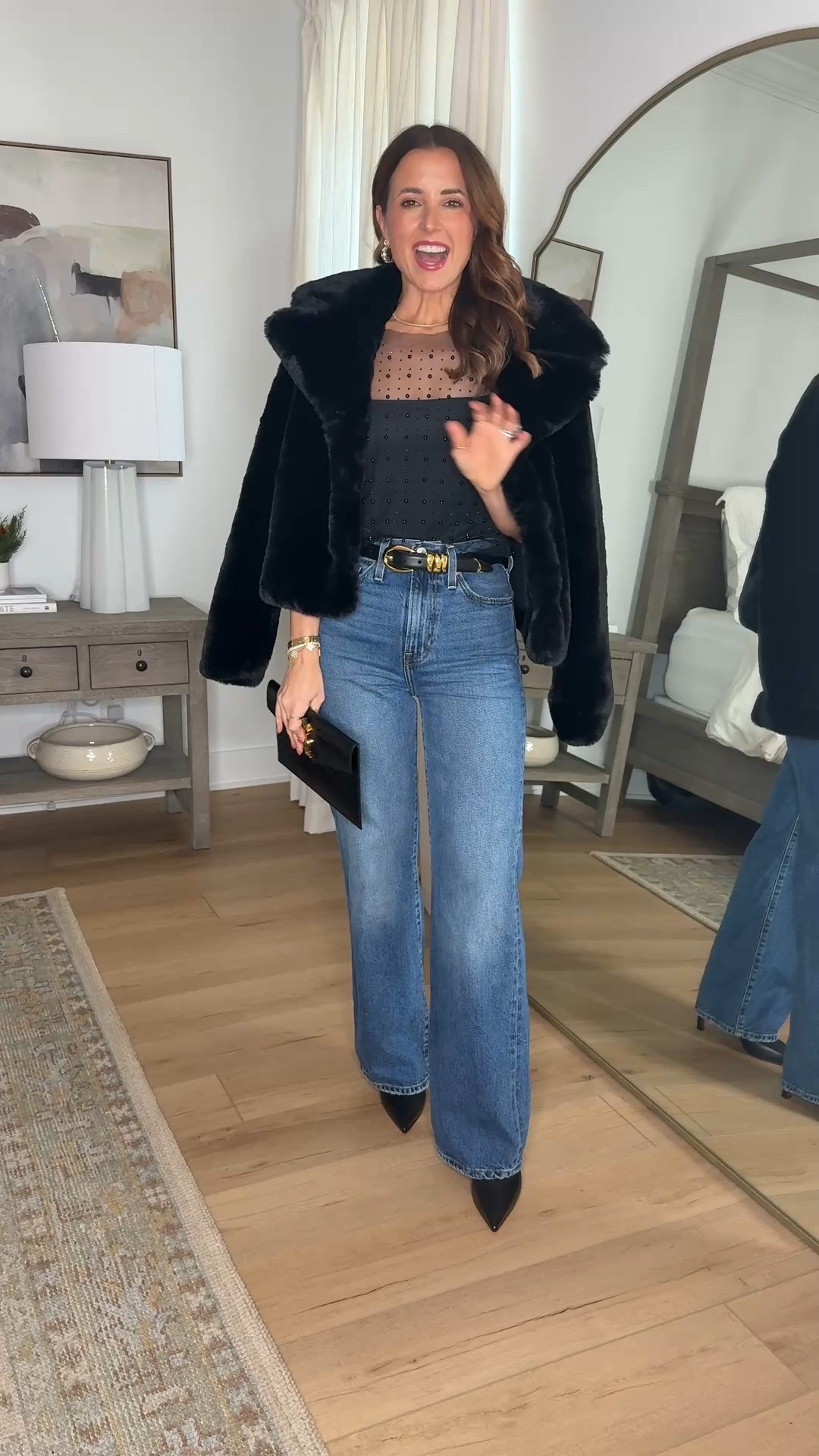 NYE outfits. Concert outfits. Party outfits. Date night outfits. The cutest sparkly tops from Amazon in XS! Needs a tank or bralette under because it’s mesh. The pearl detailing is so pretty! Levi ribcage wide leg jeans, colors are far and wide and polar perimeter. Size 24 and inseam in 32”. 

#LTKPetite #LTKgrwm #LTKSeasonal