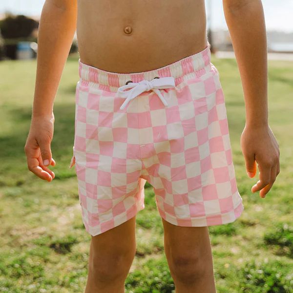 Pink Check Jr. Swim Trunks | Albion Fit