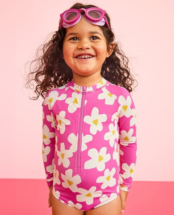 Girls' Ecru Flowers On Pink One-Piece Rash Guard Swimsuit - Size Big Kids 8 by Hanna Andersson | Hanna Andersson