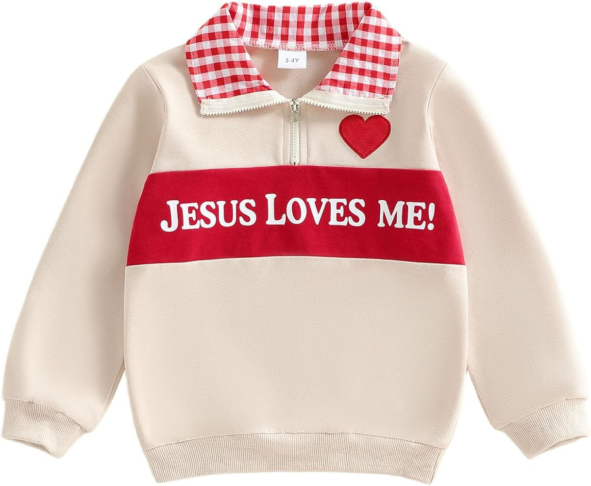 Toddler Baby Boy Valentines Day Outfit Heart Jesus Love Me Lover Boy Plaid Zip Up Long Sleeve Col... | Amazon (US)