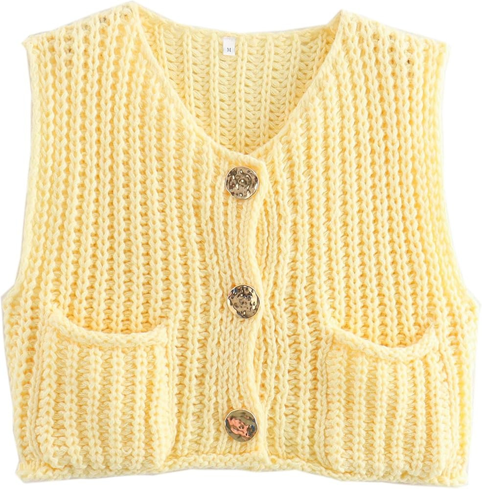 Wyeysyt Womens Sleeveless Crop Knit Cardigan Casual Button Down Cropped Knitted Sweater Vest with... | Amazon (US)
