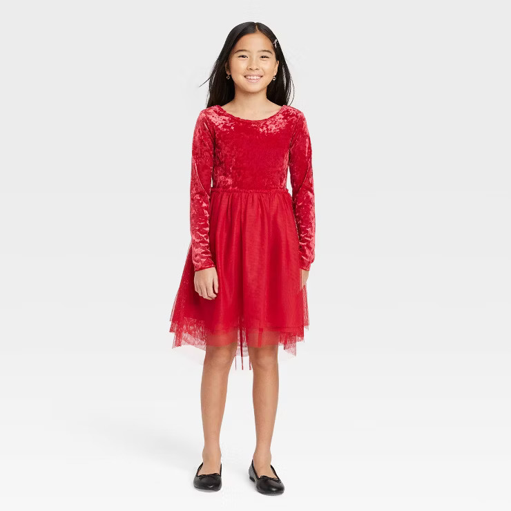 Girls' Long Sleeve Velvet Tulle Dress - Cat & Jack™ | Target