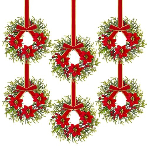 6 Pieces 10" Mini Christmas Wreath with Poinsettia Flowers, Cabinet Wreaths for Kitchen, Small Christmas Wreath with Red and Black Plaid Bow, Farmhouse Wreath for Holiday Xmas Party Decorations ﻿ | Amazon (US)