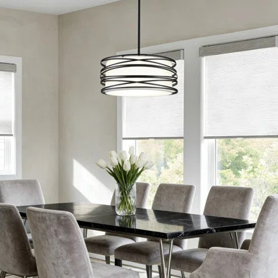Modern Farmhouse Drum Chandelier With White Fabric Shade, 3-Light Black Pendant Lighting Fixture For Kitchen Island, Dining Room, And Hallway | Wayfair North America