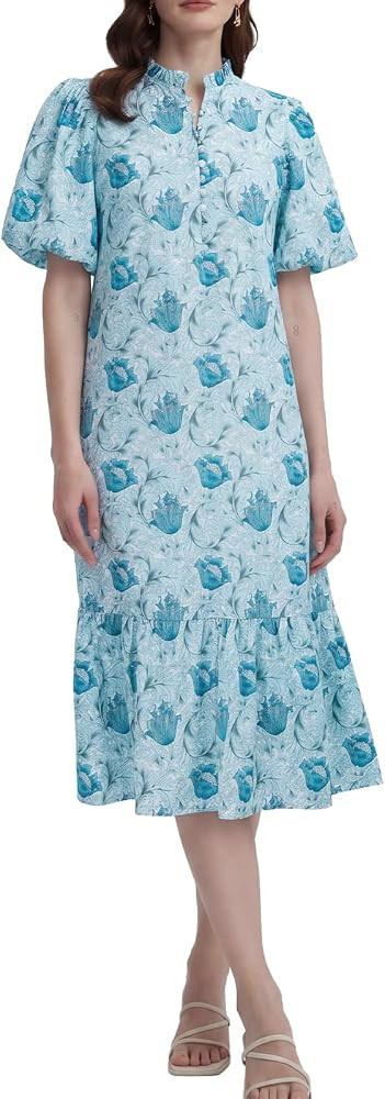 Summer Floral Midi Dress for Women Spring Puff Short Sleeve Button Down Flowy Boho Dresses | Amazon (US)