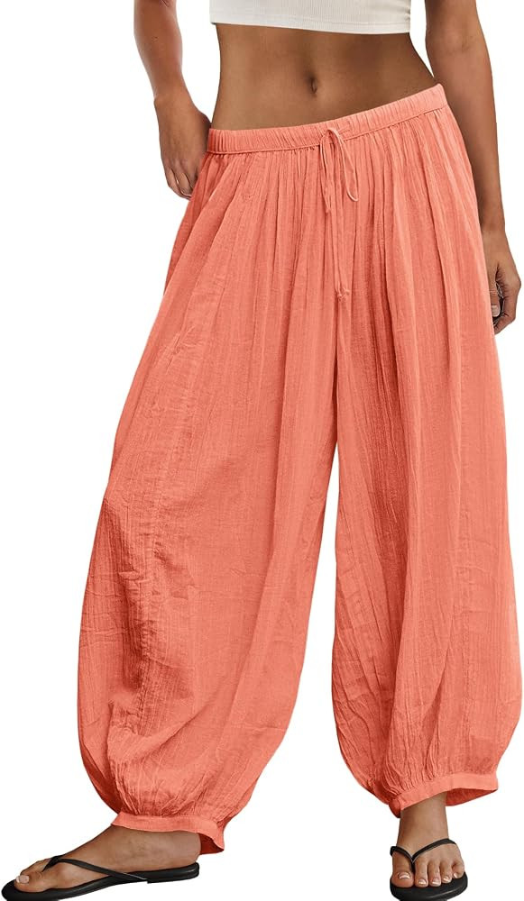 ReachMe Womens Balloon Harem Pants Sheer Summer Elastic Waist Baggy Pants Beach Vacation Outfits | Amazon (US)