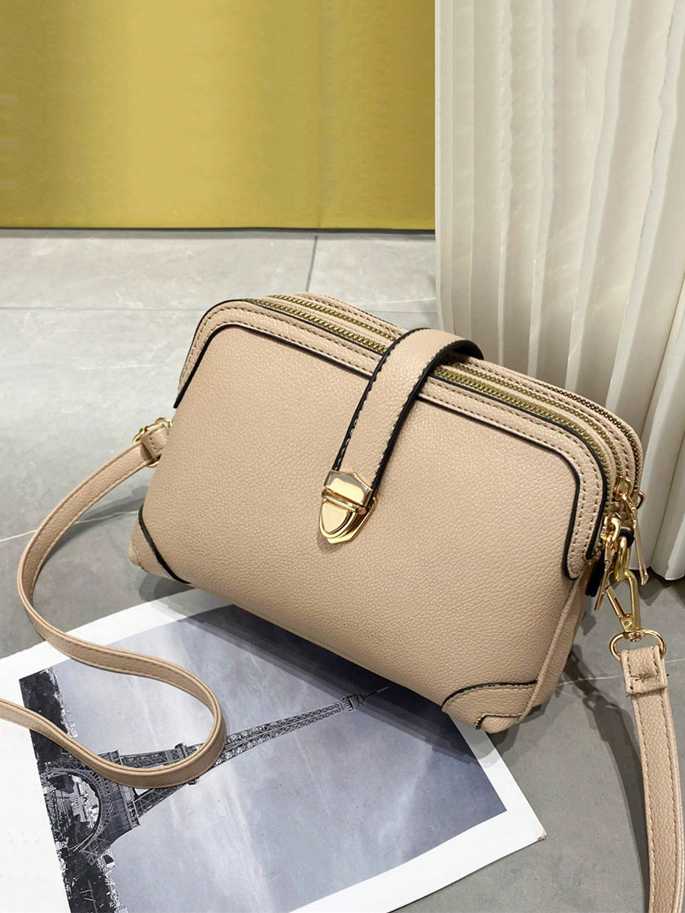 Litchi Embossed Square Bag Apricot Adjustable Strap For Daily | SHEIN