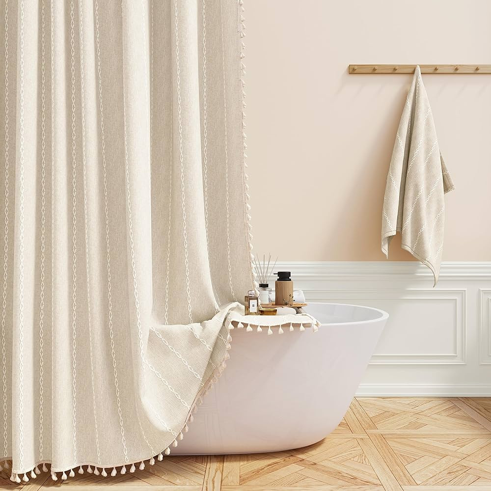 Extra Long Shower Curtain, 72x96 Long Striped Boho Chic Linen Fabric Heavy Duty Shower Curtain Se... | Amazon (US)