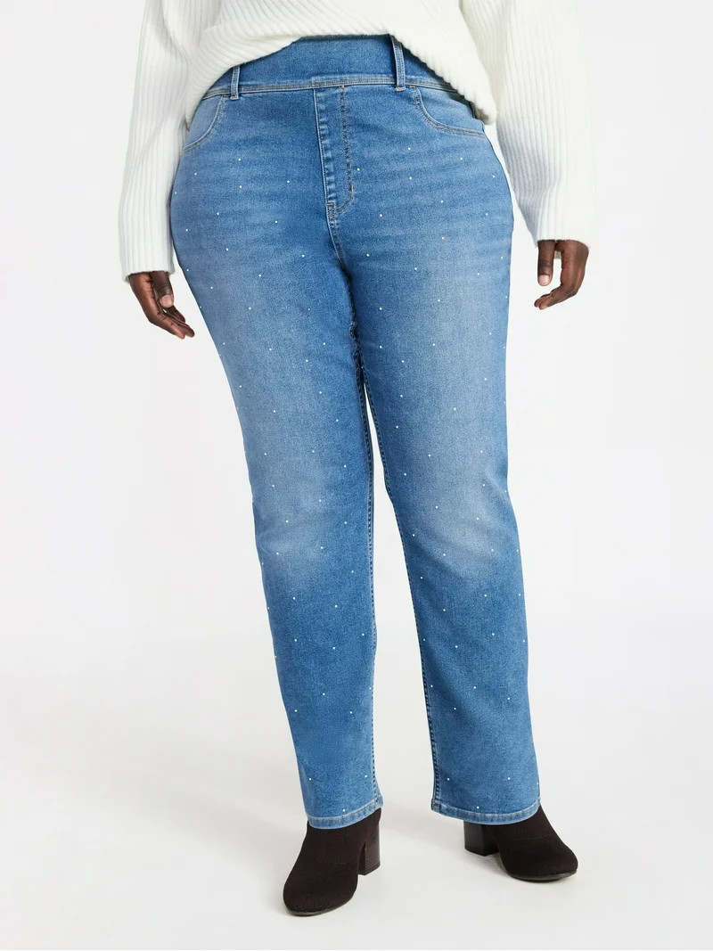 Terra & Sky Women's Plus High Rise Embellished Straight Leg Jegging, 29" Inseam, Sizes 0X-5X | Walmart (US)