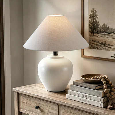 Off-White Ceramic Table Lamp With Free Bulb Included, Farmhouse Bedside Lamp With Linen Shade, Neutral Rustic Table Lamp For Bedroom Living Room Night | Wayfair North America