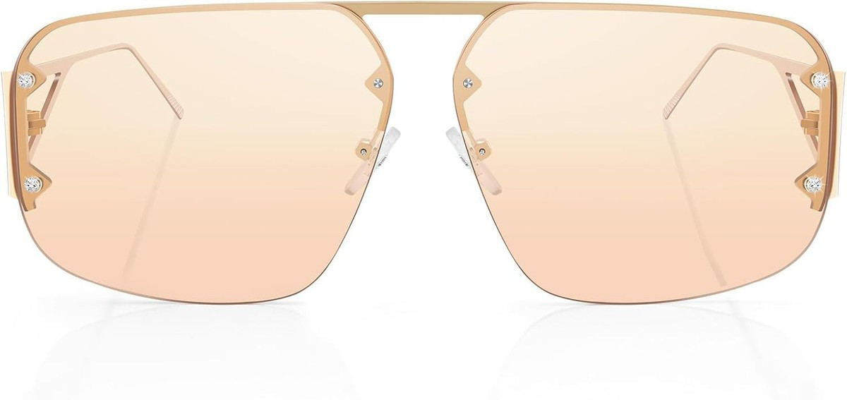 Designer Aviator Rimless Sunglasses Oversized Metal Frame Unisex Metal Beige | eBay US