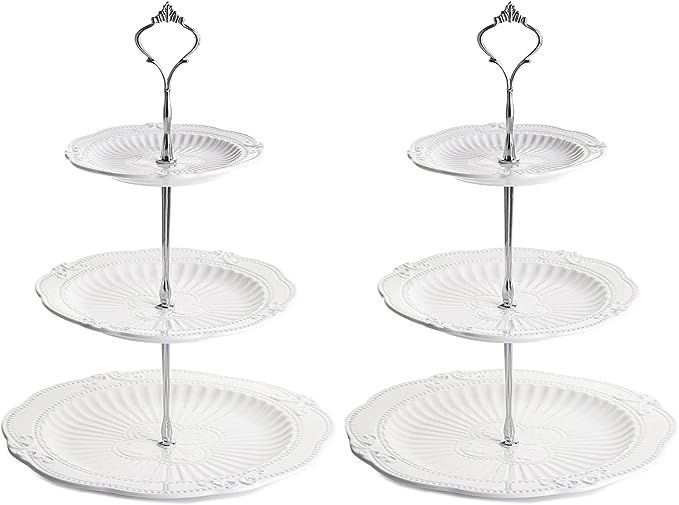 Bekith 2 Pack 3-Tier Porcelain Cupcake Stand, White Elegant Tiered Dessert Stand, Cakes Fruits Ca... | Amazon (US)