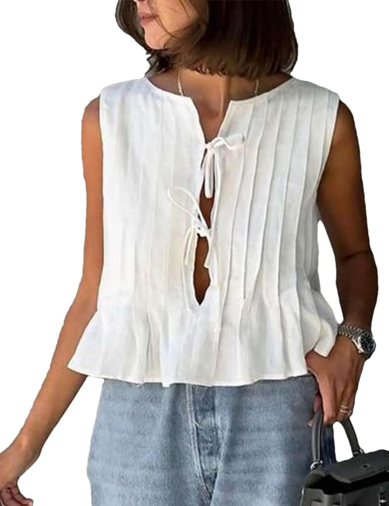 Zontroldy Linen Peplum Tops for Women Cute Tie Front Top Babydoll Tops | Amazon (US)