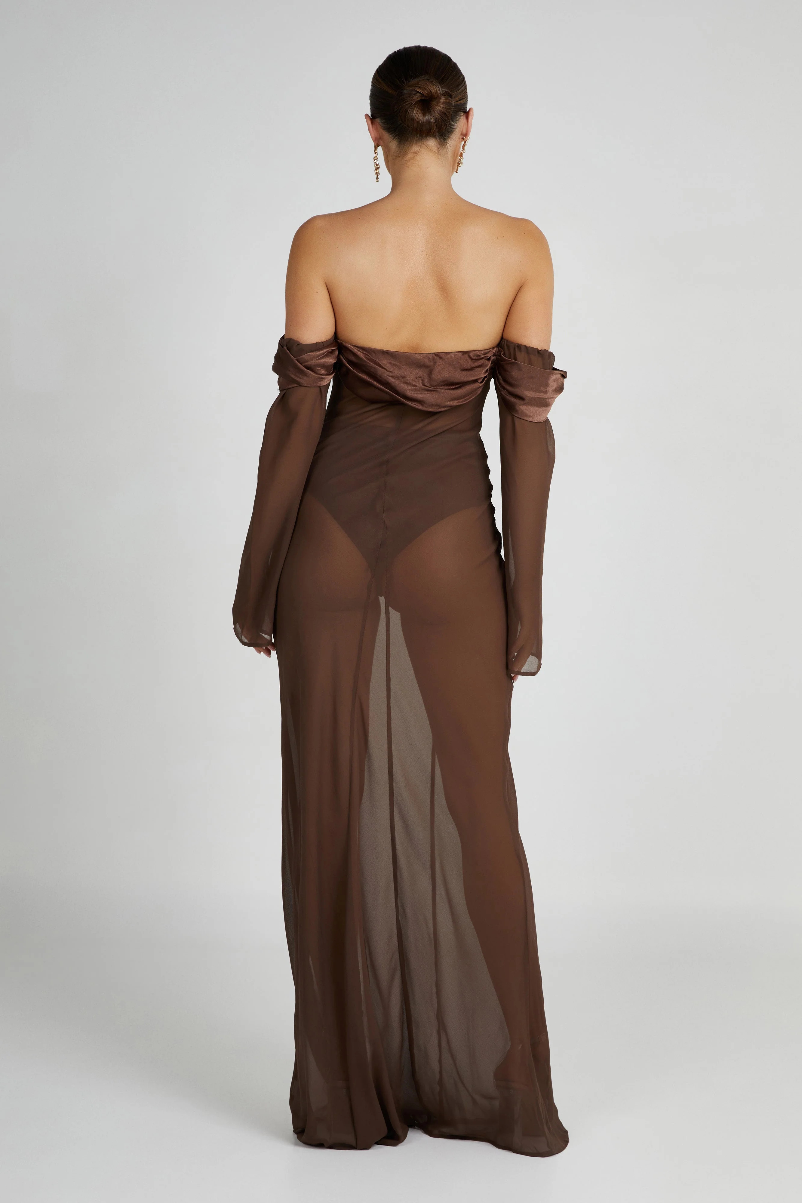 Ivanna Off Shoulder Chiffon Maxi Dress - Mocha | MESHKI US