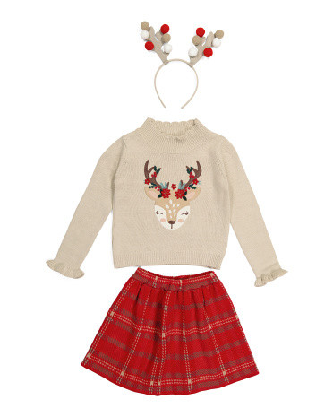 Toddler Girls 2pc Reindeer Sweater Skirt Set With Headband | TJ Maxx