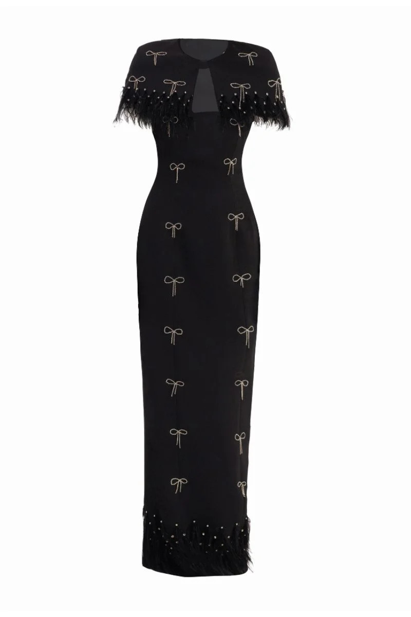 BLACK SPARKLY MAXI DRESS WITH FEATHERS | HAPPY CLOTHING | CULT MIA | CULT MIA UK LTD