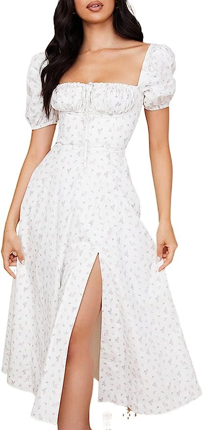 Women's Puff Sleeve Split Maxi Dress Square Collar Ruffle Floral Boho Dresses Cottagecore Backles... | Amazon (US)