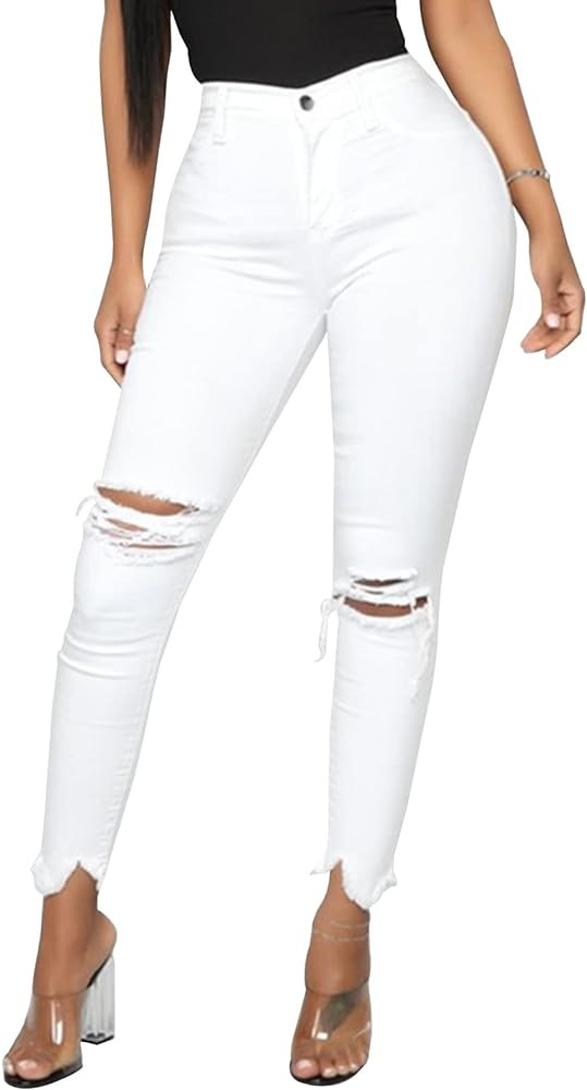 LONGYIDA Women's High Rise Ripped Skinny Jeans Stretch Slim Fit Distressed Destroyed Denim Ankle ... | Amazon (US)