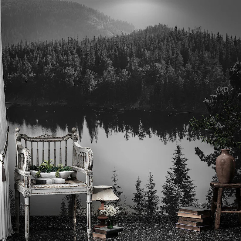 Black and White Mountain, Lake, Forest Wallpaper. Mountain Landscape Wall Mural. Living Room, Bed... | Etsy (Global)