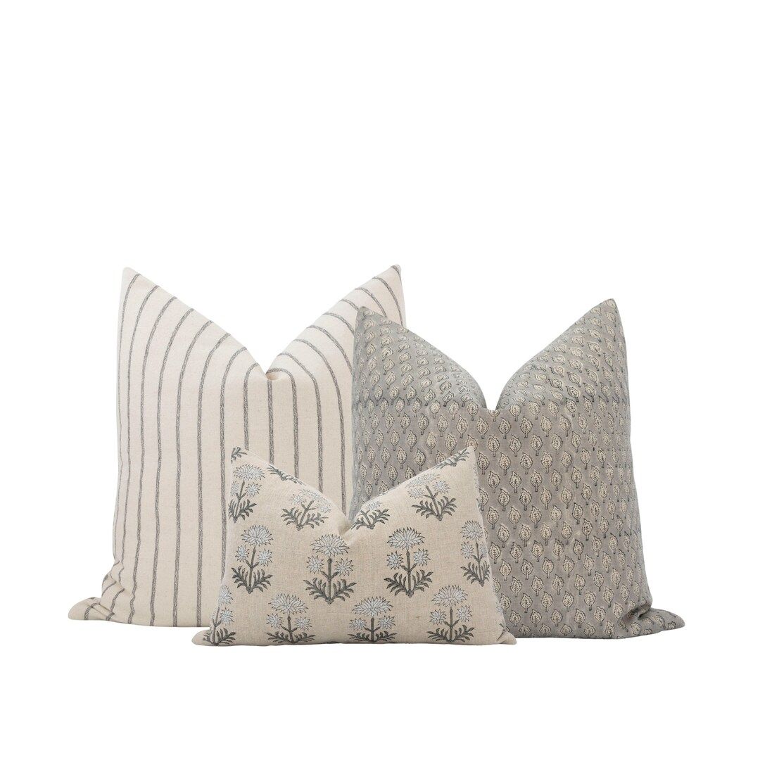 Grey Pillow Cover Combo Neutral Pillow Combo Gray Floral Pillow Designer Linen Pillow Light Neutr... | Etsy (US)