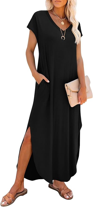 RUMIA Summer Casual Maxi Dresses for Women- Women's V Neck Cap Sleeve Long Sundress with Pockets ... | Amazon (US)