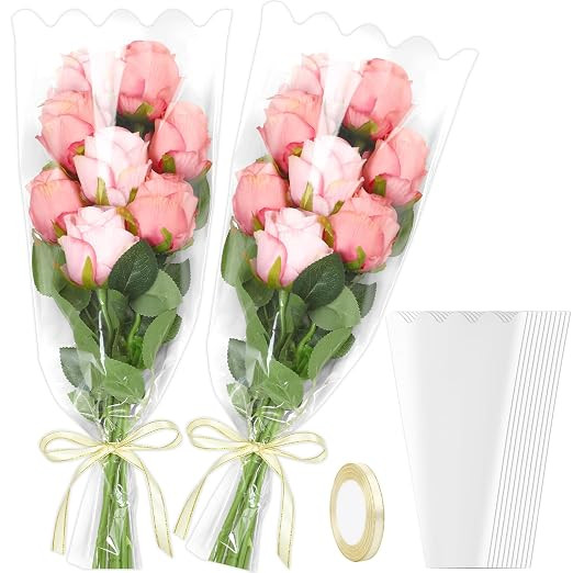 Jansun 40 Pack Transparent Flower Bags for Bouquets Floral Wrap Sleeves | with Ribbon Bouquet Wra... | Amazon (US)