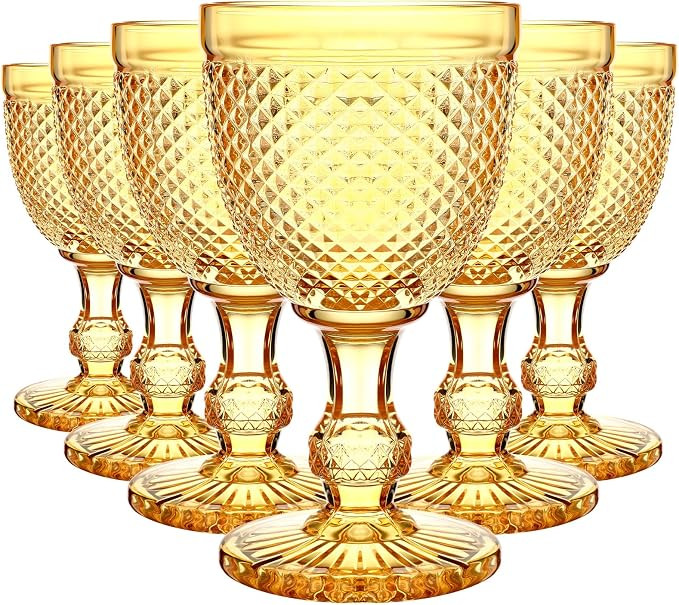 Bokon 6 Pack Amber Glass Goblets Set 10 oz High Clear Wine Glass Vintage Water Goblets Cups Embos... | Amazon (US)